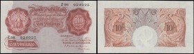Ten Shillings Mahon B210 Red-brown Britannia medallion issue 1928 FIRST series prefix serial number Z98 924025, GVF and Rare example of the first Brit...