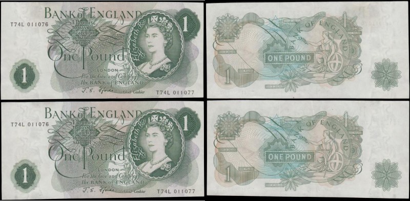 One Pounds Fforde QE2 portrait & seated Britannia 'slip & stick' ERROR pair B305...