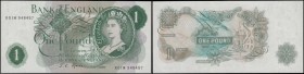 One Pound Fforde QE2 portrait & seated Britannia B306 Green Replacement issue 1967 and a very FIRST RUN serial number R01M 948457, about UNC and Excep...