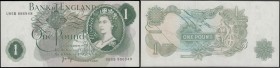 One Pound Page QE2 portrait & seated Britannia ERROR note B320 (BY Error Ref. E3f(iii)) issue 1970 with different serial numbers - at upper left U85B ...