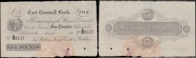 East Cornwall Bank, Liskeard 5 Pounds No. A/B 9157 undated circa 1870's SPECIMEN For Robins, Foster, Goode & Bolitho's, punchole cancellation twice at...