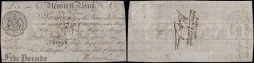 Newark Bank 5 Pounds last year dated 22nd March 1809 before failure No. 678 For Pocklington, Dickinson & Co. manuscript signed Wm. Dickinson and J. Co...