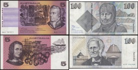 Australia Reserve Bank (2) comprising 5 Dollars Pick 44a (McD. 144; Rks. 205) ND 1974 signatures Phillips & Wheeler serial number NLU 797277, about UN...