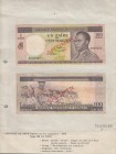 Congo Democratic Republic 1 Zaire=100 makuta SPECIMENS (2) EF or better both dated 1967, both glued at one end to a paper page with a front and back v...