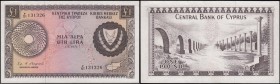 Cyprus Central Bank 1 Pound Pick 43a dated 1st June 1972 serial number F/51 131326, about UNC - UNC with a minor very faint stain on lower reverse. Br...