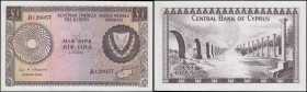 Cyprus Central Bank 1 Pound Pick 43b dated 1st May 1973 serial number H/64 120057, UNC and a pleasing example. Brown on multi-coloured underprint feat...