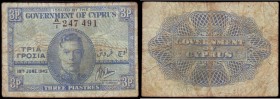 Cyprus Government 3 Piastres/Grosia/Kurush Pick 28a first date for this type 18th June 1943 serial number A/1 247491, VG and small sized George VI por...