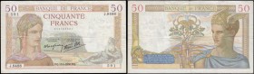 France 50 Francs "Ceres" Pick 85b (Fayette F18.15) dated 15th September 1938 signatures RP. Rousseau and R. Favre-Gilly block J.8488 series 591 number...
