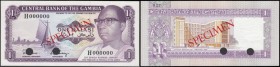 Gambia Central Bank 1 Dalasi Commemorative "Opening of Central Bank 18.02.1978" SPECIMEN No. 027 Pick 8s ND 1978 serial number H 000000 punch-hole can...