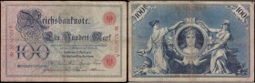 Germany Reichsbanknote 100 Mark Pick 22 (Rosenberg 20) dated 17th April 1903 serial number 5036701 A, VG. Blue on light blue and light red with red se...