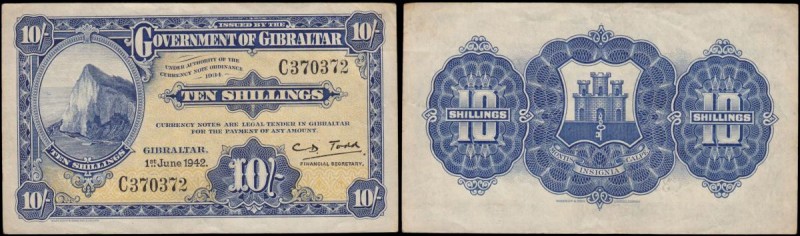 Gibraltar 10 Shillings Pick 14b dated 1st June 1942 serial number C 370372 signa...