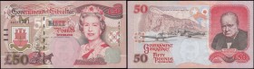 Gibraltar 50 Pounds Pick 34 dated 1st December 2006 serial number AA 114361, about UNC - UNC and the highest denomination for the series. Red and viol...