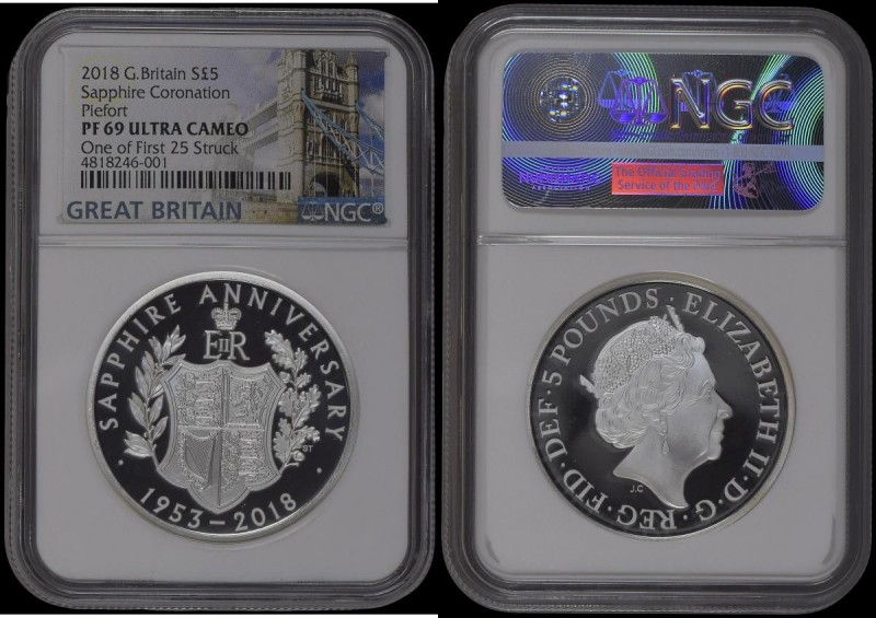 Five Pound Crown 2018 Coronation of Queen Elizabeth II Sapphire (65th) Anniversa...