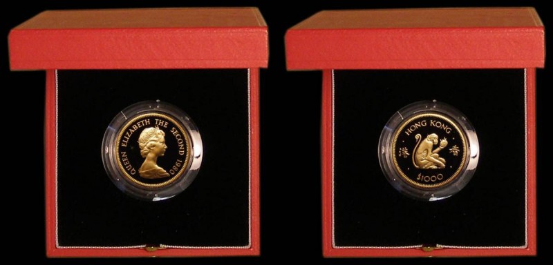 Hong Kong $1000 1980 Year of the Monkey KM#47 Gold Proof FDC in the red case of ...