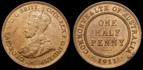 Australia Halfpenny 1911 KM#22 A/UNC with good subdued lustre and a few small tone spots