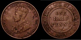 Australia Halfpenny 1923 KM#22 Good Fine for wear with several heavy contact marks and a flan flaw on the reverse. The key date in the Australian Half...