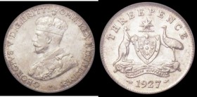 Australia Threepence 1927 KM#24 UNC with original mint lustre and original gold toning in the legends. All the diamonds and pearls on the King's crown...