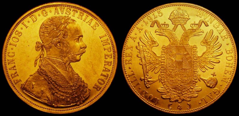 Austria 4 Ducats Gold 1915 Restrike KM#2276 UNC or near so and lustrous with som...