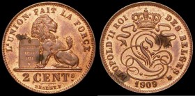 Belgium 2 Cents 1909 French legend DES BELGES KM#35.1 1909 over 1809 UNC and lustrous with some tone spots