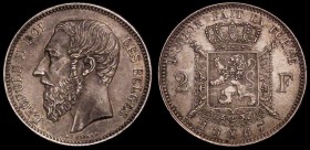 Belgium 2 Francs 1867 KM#30.1 GEF/AU with attractive grey toning, scarce in high grade, Krause lists at $325 EF and $500 UNC