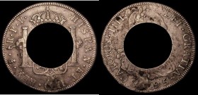 Bolivia 8 Reales 1795 PTS with a 20mm diameter hole in the centre so as to resemble an Australia Holey Dollar, About Fine, plugged