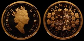 Canada Gold Five Dollars 2002 Proof 90th Anniversary of the 1912 Five Dollar coin, KM#519 in an NGC holder and graded PF70 Ultra Cameo, at the time of...