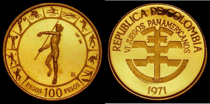 Colombia 100 Pesos Gold 1971 6th Pan-American Games, Reverse: Javelin Thrower KM...