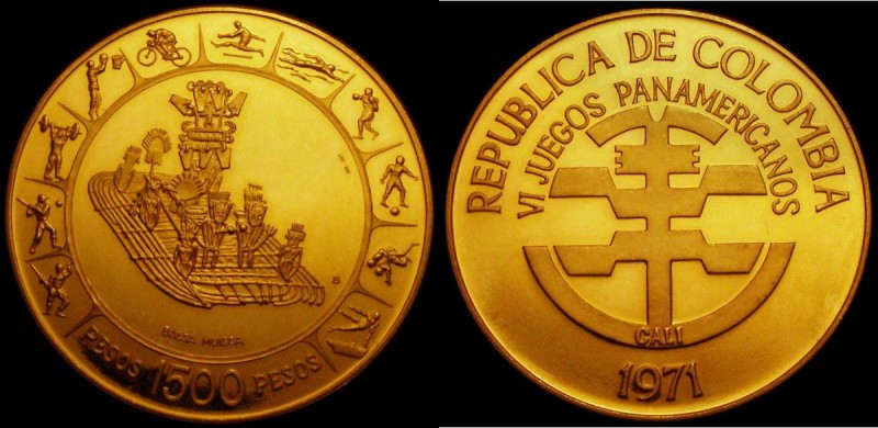 Colombia 150 Pesos Gold 1971 6th Pan-American Games, Reverse: Symbols on raft wi...