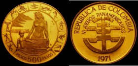 Colombia 50 Pesos Gold 1971 6th Pan-American Games, two figures within inner circle, the outer circle with 11 different sports depicted, KM#251 nFDC w...