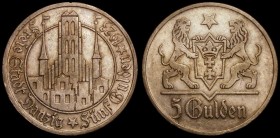 Danzig 5 Gulden 1923 KM#147 Marienkirche GVF with touches of golden tone, a scarce issue seldom seen, our auction archive shows this is one of only 5 ...