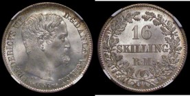 Denmark 16 Skillings Rigsmont 1857 FK- ( c ) VS KM#765 a sharp example and with original lustre, in an NGC holder and graded MS66+, the finest known e...