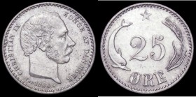 Denmark 25 Ore 1900 900 over 800 (h) VBP KM#796.2 A/UNC lightly toned