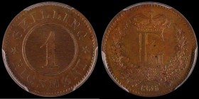 Denmark Skilling Rigsmont 1856 Altona Mint, mintmark Orb KM#763 UNC and colourfully toned, in a PCGS holder and graded MS64 BN
