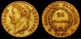 France 20 Francs Gold 1808A KM#687.1 Fine, one of only two dates of the 'REPUBLIQUE FRANCAISE' Reverse legend type