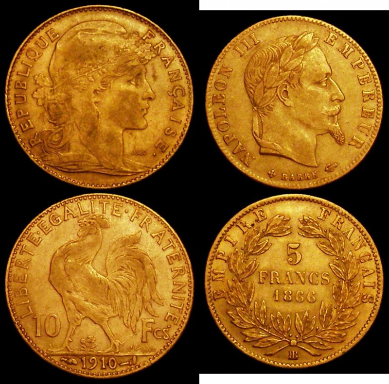 France Gold (2) 10 Francs 1910 KM#846 Good Fine, Five Francs Gold 1866 BB KM#803...