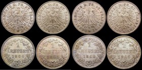 German States - Frankfurt 1 Kreuzer (4) 1860 KM#357 UNC with a choice and colourful tone, 1864 KM#367 Toned UNC and choice, 1865 KM#367 UNC and choice...