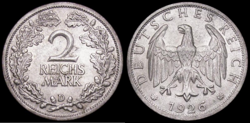 Germany - Weimar Republic 2 Reichsmarks 1926D KM#45 UNC or very near so