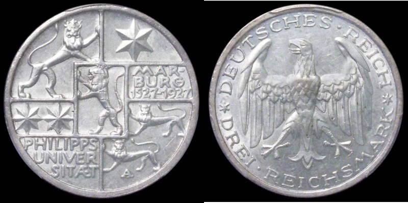 Germany - Weimar Republic 3 Marks 1927A 400th Anniversary of the Philipps univer...