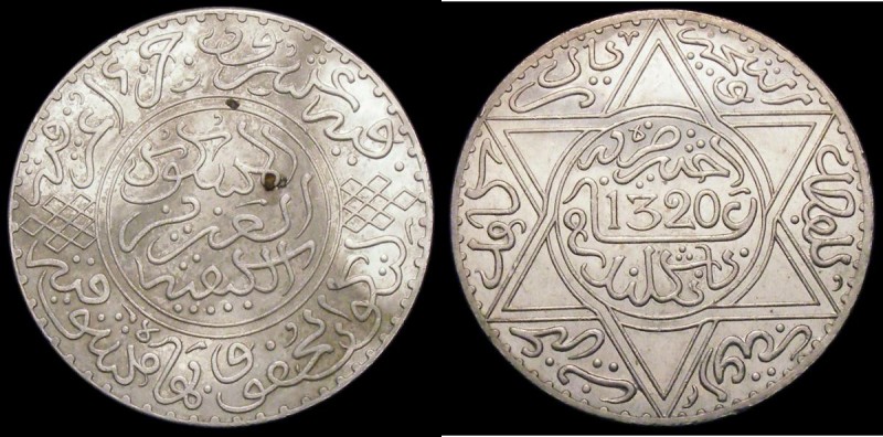 Morocco 5 Dirhams AH1320 London Mint Y#22.1 UNC or near so and lustrous the obve...