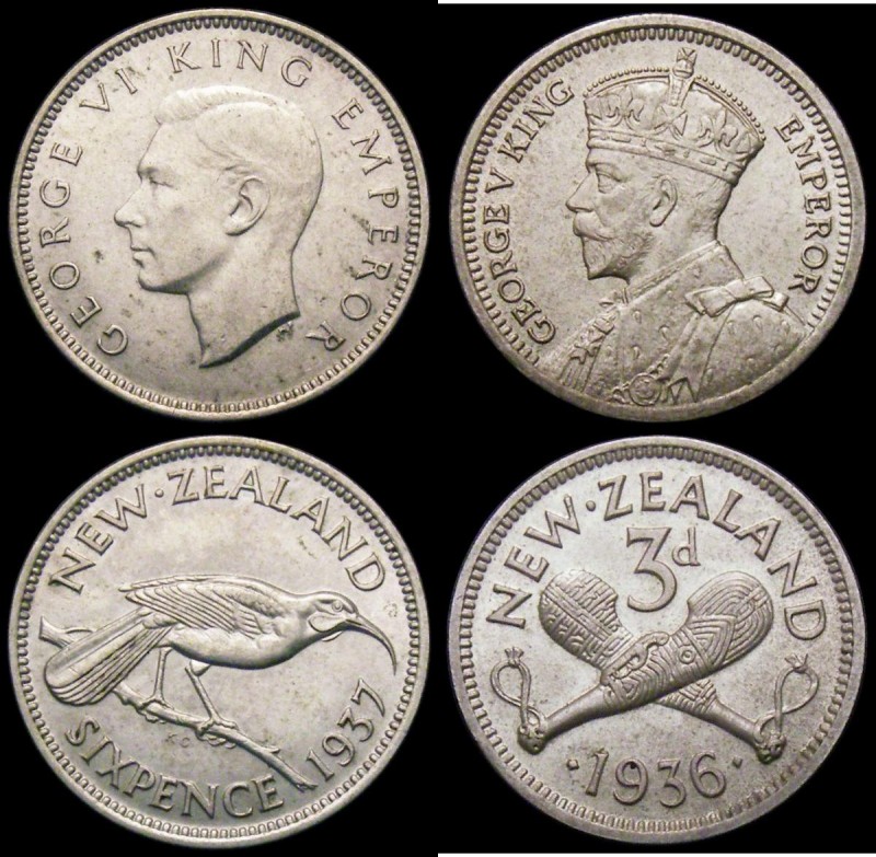 New Zealand Sixpence 1937 KM#8 NEF/EF, Threepence 1936 KM#1 AU/UNC with subdued ...