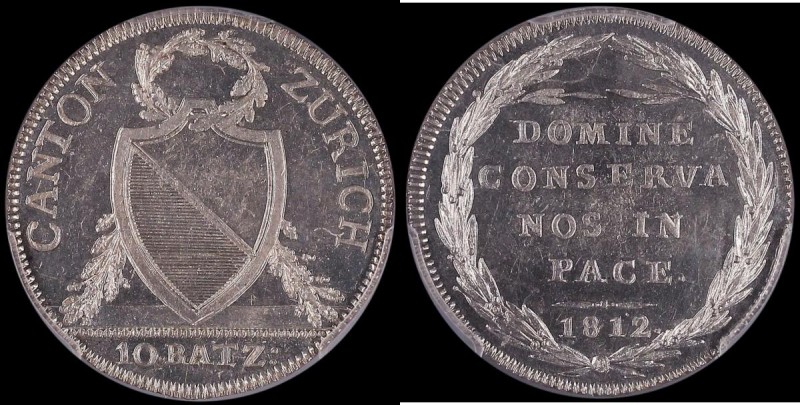 Swiss Cantons - Zurich 10 Batzen 1812B Choice UNC and lustrous, in a PCGS holder...