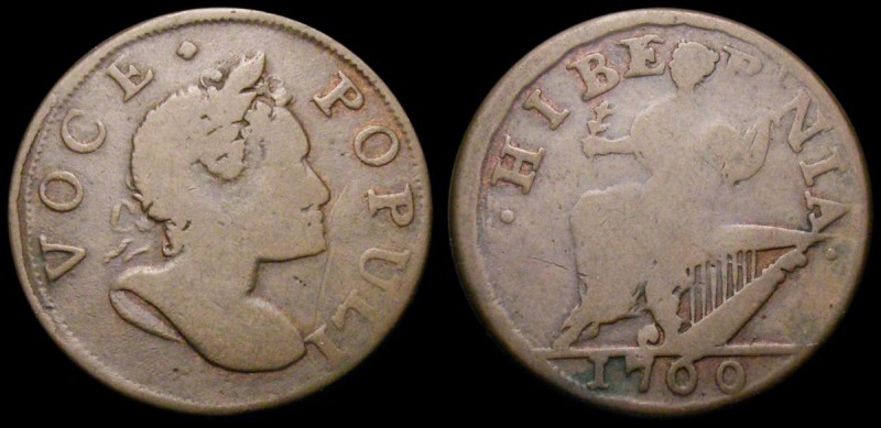 USA Halfpenny 1760 VOCE POPULI Group III, Head divides E and R of HIBERNIA, 60 o...