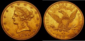 USA Ten Dollars Gold 1891CC Second C of mintmark double punched, variety confirmed by the spine below the chin on the obverse, and various states of d...