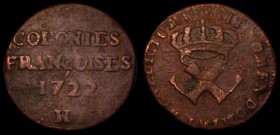 USA/French Colonies 9 Deniers 1722H Breen 263, 6.02 grammes, Fine for wear on a pitted flan with some spots