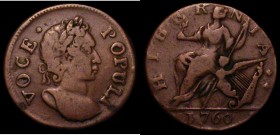 USA/Ireland Halfpenny 1760 Group I with head dividing R and N of HIBERNIA, Imperial Head Breen 221 about Fine for wear with good surfaces, a few small...