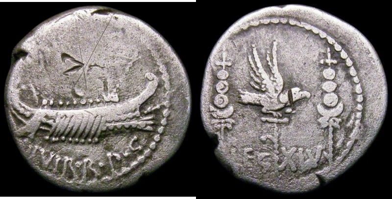 Roman Legionary Denarius Marc Antony (c.32-31BC) Obverse: Praetorian Galley righ...