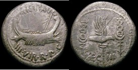 Roman Legionary Denarius Marc Antony (c.32-31BC) Praetorian Galley right ANT AVG III VIR R P C, Reverse: Legionary eagle between two standards LEG III...