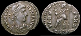 Roman Siliqua Gratian (367-383AD) Obverse: Diademed and draped bust right, D N GRATIANVS P F AVG Reverse: Roma seated left on throne, holding Victory ...