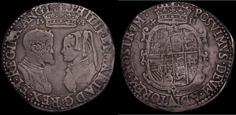 Shilling Philip and Mary 1554 English titles only, with mark of value S.2501, No...