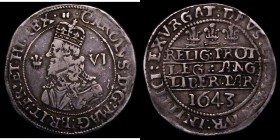 Sixpence Charles I 1643 Oxford Mint, Reverse: 3 Oxford Plumes, S.2980A, North 2458 mintmark Book Good Fine with some thin scratches by the date, comes...